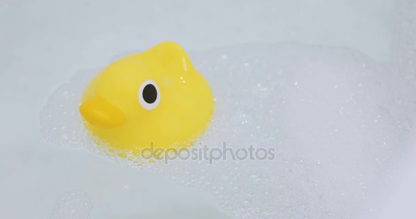 Rubber Ducky floats in water with copy space — Stock Video