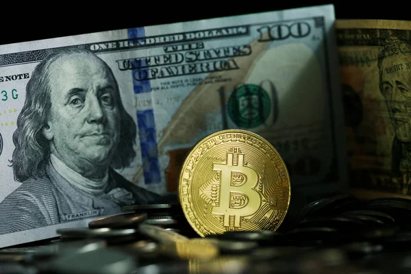Altın bitcoin dolar arka plan ile. Kripto para birimi için kavramsal görüntü.