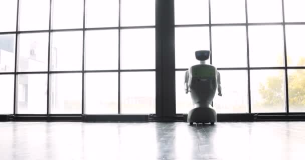 Гуманоидный автономный робот у окна. Робот показывает эмоции. Современные робототехнические технологии — стоковое видео