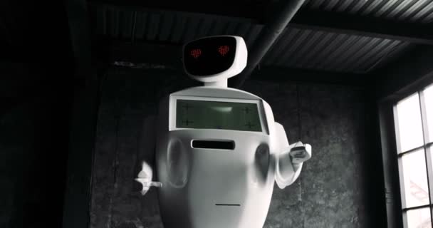 Moderne robottechnologie. De robot kijkt naar de camera naar de persoon. De robot toont emoties. Steekt zijn handen op, danst of is verontwaardigd. Of aanvallen. — Stockvideo