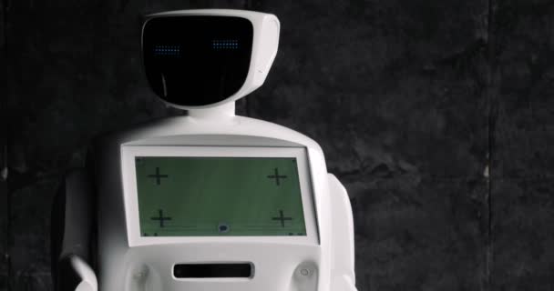Το ρομπότ εξετάζει τη φωτογραφική μηχανή στο πρόσωπο. Το ρομπότ δείχνει συναισθήματα. Σύγχρονες τεχνολογίες ρομποτικής. — Αρχείο Βίντεο