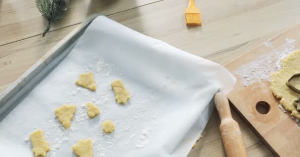 Bambina cottura-Overhead colpo di ragazzina stendere pasticceria e utilizzando taglierine — Video Stock