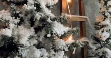 Kamera izleme arasında bir Noel ağacı tam, süs eşyaları bir oturma odasında duruyor