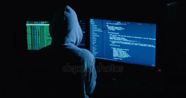 Acker karanlık hacker odasından dizüstü bilgisayar ve bilgisayar kullanarak kod çatlama Hood