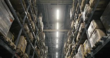 Sipariş edilen malları ile paletleri ve malzemeleri depo arasında taşıma kamera. Çok düzey modern ambar. Dolly ateş