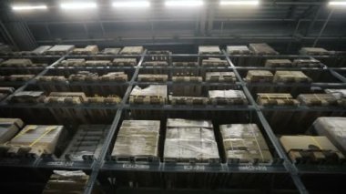 Sipariş edilen malları ile paletleri ve malzemeleri depo arasında taşıma kamera. Çok düzey modern ambar. Dolly ateş