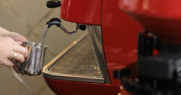 Het maken van verse koffie. Barista maakt koffie in een koffiebar. Koffiezetapparaat maken van cappuccino espressokoffie — Stockvideo