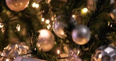 Noel ağacında farklı oyuncaklar ve toplar ve çam ağacının tepesinde gümüş yıldız.