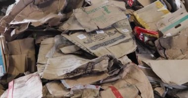 Çöp fabrikasında geri dönüşümlü karton kutularla dolu bir depo..
