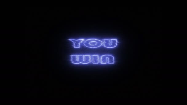 Neon flickering blue title lettering you win on center on black background. — Stock Video