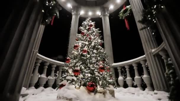 Magisk julgran täckt snö i lusthus på gatan i snöfall natt. — Stockvideo