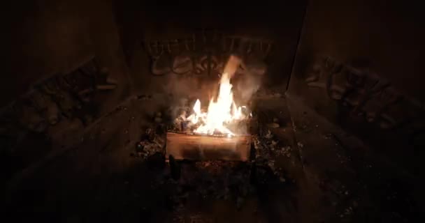 Дрова горять в каміні приватного будинку, роблячи яскраве полум'я в темряві . — стокове відео