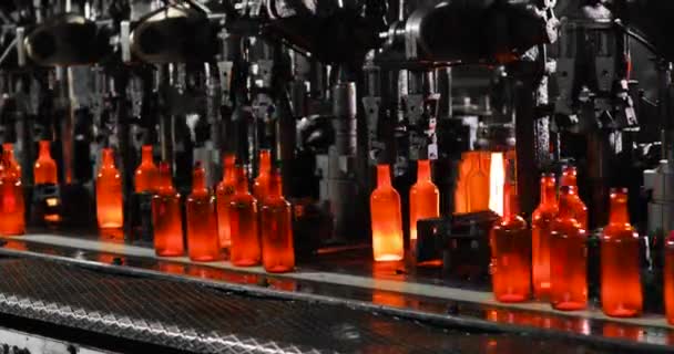 Процесс формирования бутылки расплавленного стекла и дутья его на конвейерной линии . — стоковое видео