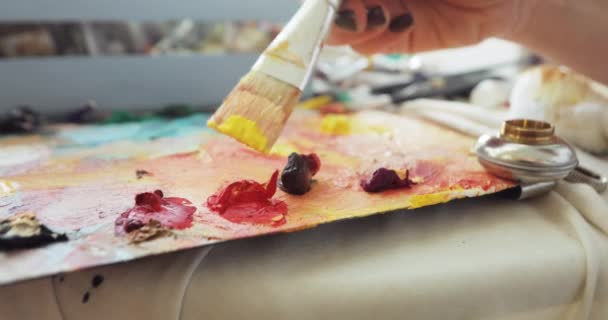 Woman paintress is mixing oil paints on palette using brush, hand closeup. — 비디오