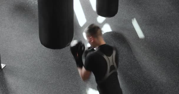 Boxeador profesional hombre en guantes haciendo golpes entrenamiento boxeo en gimnasio, vista superior . — Vídeo de stock