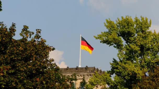 Bandiera tedesca sul Reichstag. L'edificio del Reichstag (Bundestag) è un edificio storico di Berlino, in Germania, costruito per ospitare la Dieta Imperiale dell'Impero tedesco. . — Video Stock