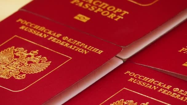 Pasaportes extranjeros de la Federación Rusa con una cubierta roja . — Vídeos de Stock