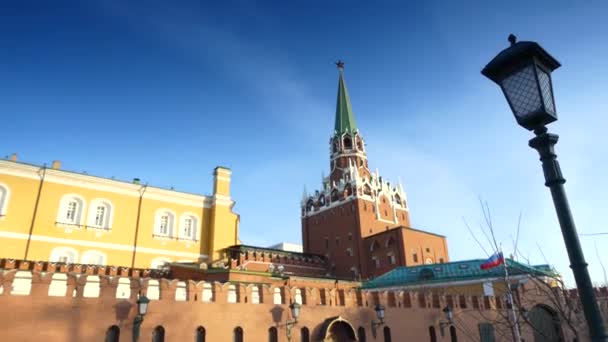 Alexander Gardens fue uno de los primeros parques públicos urbanos en Moscú, Rusia. Se extiende a lo largo de todo el muro occidental del Kremlin entre el edificio de Moscú Manege y el Kremlin . — Vídeo de stock