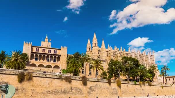 Timelapse 4k: Catedral de Santa María de Palma, más comúnmente conocida como La Seu, es una catedral gótica católica ubicada en Palma, Mallorca, España, construida en el sitio de una mezquita árabe preexistente . — Vídeo de stock