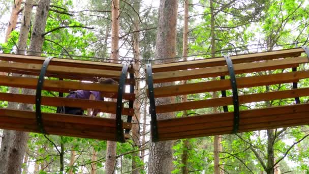 Small girl in adventure park. Adventure park is place which can contain wide variety of elements, such as rope climbing exercises, obstacle courses and zip-lines. They intended for recreation. — Stock Video