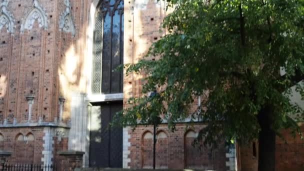 Kilise St. John Baptist ve St John Evangelist, küçük bazilika Katedrali Torun piskoposluk bölgesi, Polonya. Gotik kilise inşa tuğla, anıtsal Bati kule ile nefli bir hall dan. — Stok video