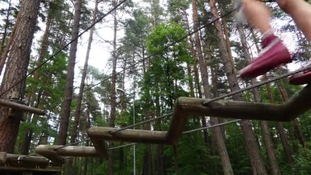 Kleines Mädchen im Abenteuerpark. Abenteuerpark ist ein Ort, der eine Vielzahl von Elementen enthalten kann, wie Seilkletterübungen, Hindernisparcours und Seilrutschen. Sie dienten der Erholung. — Stockvideo