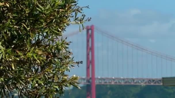 25 de Abril Bridge is een hangbrug aansluiten van het centrum van Lissabon, hoofdstad van Portugal, aan de gemeente Almada op de linkeroever van de rivier de Tejo op de (Zuid). — Stockvideo