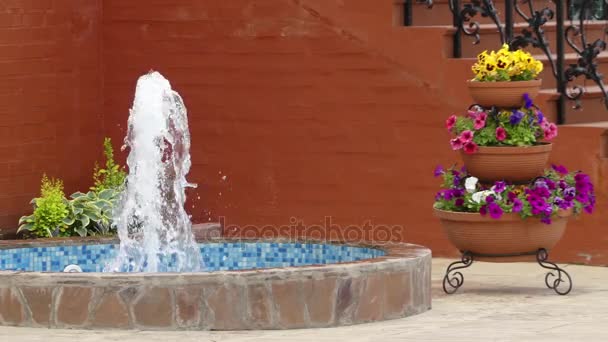 Lilla vackra fontän och lera vas med blommor i gården av liten innergård. — Stockvideo