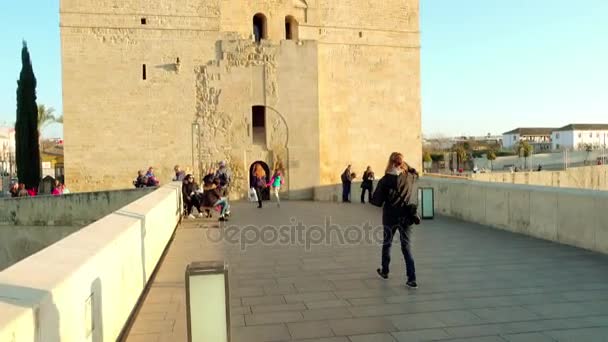 Calahorra вежа є кріпосні ворота в історичному центрі міста Кордоба, Андалусия, Іспанія, Ісламська походження. Башта була побудована протягом пізно 12-го століття Almohads для захисту Роман моста на Гвадалквівір. — стокове відео