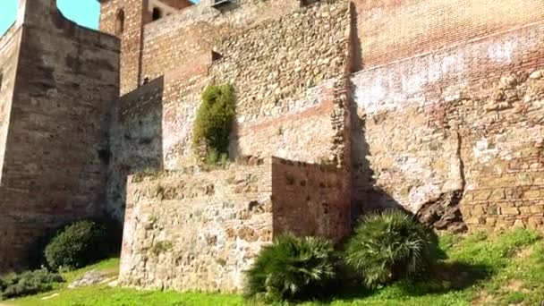 Alcazaba je palácová opevnění v Malaga, Španělsko. Dynastie Hammudid byl postaven v počátkem století. Pevnost na kopci s výhledem na přístav a dvě zděné skříně se skládá ze. — Stock video