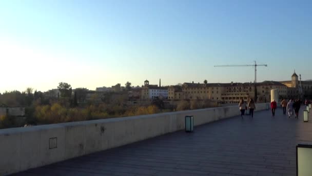 Roman bridge of Cordoba is bridge in Historic centre of small preserved area known as Sotos de la Albolafia, Cordoba, Andalusia, southern Spain, built in early 1st century across Guadalquivir river. — Stock Video