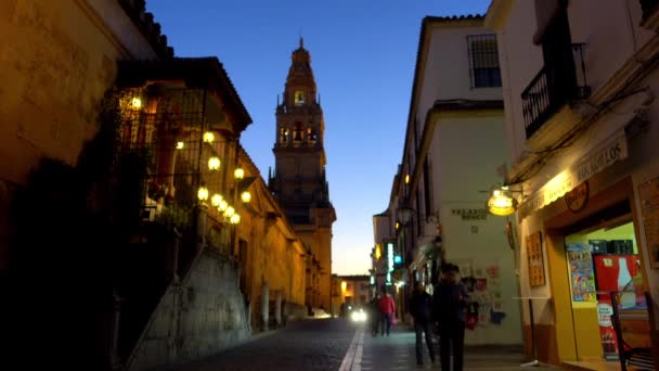 Turm und Glockenturm der großen Moschee-Kathedrale von Córdoba, auch bekannt als mezquita (maurische Architektur), deren kirchlicher Name Kathedrale unserer Jungfrau Mariä Himmelfahrt in Andalusien ist, Spanien — Stockvideo