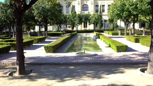 Pedro Luis Alonso bahçeleri şehir Malaga, İspanya, mimar Fernando Guerrero Strachan Rosado, 1945'te çekilmiş bulunmaktadır. Puerta Oscura bahçeleri ve Malaga Park arasında Belediye Binası yanında bulunan. — Stok video