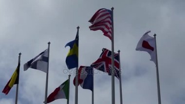 Gökyüzü karşı farklı ülkelerin bayrakları: ABD, İngiltere, Finlandiya, Japonya, Fransa, İsveç, İtalya, Çad.