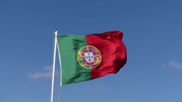 ポルトガル (バンデイラ ・ デ ・ ポルトガル) の旗は、ポルトガル共和国の国旗です。それは、長方形フィールドとメンズは不均等に分割、ホイストの緑と赤をその場に. — ストック動画