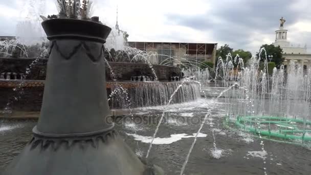 Fuente flor de piedra en VDNKh. Exposición de Logros de la Economía Nacional es permanente feria comercial de propósito general y parque de atracciones en Moscú, Rusia . — Vídeos de Stock