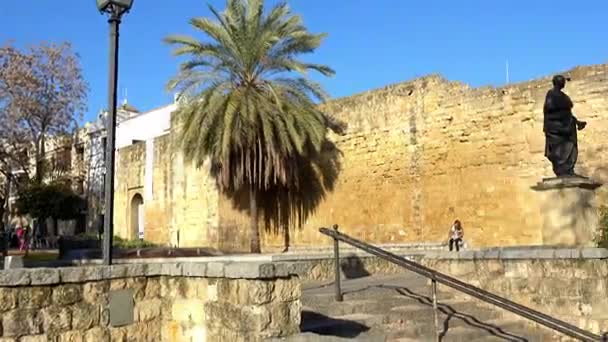 Naast Almodovar Gate is er een bronzen sculptuur gewijd aan filosoof van Cordoba Lucio Anneo Seneca, gemaakt door beeldhouwer Amadeo Ruiz Olmos. Córdoba, Spanje. — Stockvideo