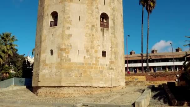 Torre del Oro es una torre de vigilancia militar dodecagonal en Sevilla, Andalucía, España. Fue erigido por el califato almohade para controlar el acceso a Sevilla a través del río Guadalquivir . — Vídeos de Stock