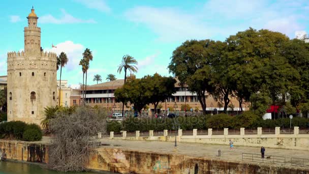 Torre del Oro es una torre de vigilancia militar dodecagonal en Sevilla, Andalucía, España. Fue erigido por el califato almohade para controlar el acceso a Sevilla a través del río Guadalquivir . — Vídeo de stock