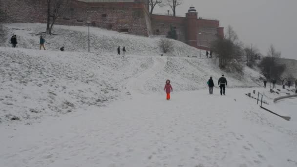 Lilla vackra flicka promenader nära Wawel är en befäst arkitektoniskt komplex uppfördes på vänstra stranden av floden Wisła i Kraków, Poland. — Stockvideo