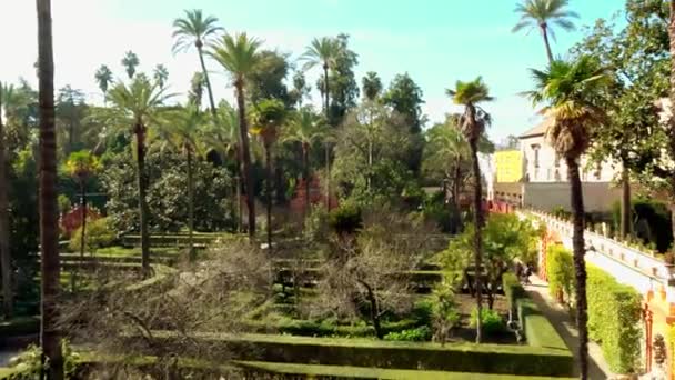 Alcazarengärten. Alcazar von Sevilla ist königlicher Palast in Sevilla, Andalusien, Spanien, ursprünglich von maurischen muslimischen Königen entwickelt. — Stockvideo