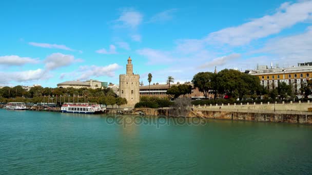 Torre del Oro (Золотая башня) является додекагональной военной сторожевой башней в Севилье, Андалусия, Испания. Он был возведён Халифатом Альмохада, чтобы контролировать доступ в Севилью через реку Гвадалквивир. . — стоковое видео