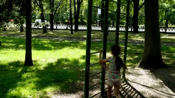 Pequeña chica hermosa se dedica a los deportes en barras horizontales en el parque de la ciudad de verano . — Vídeos de Stock