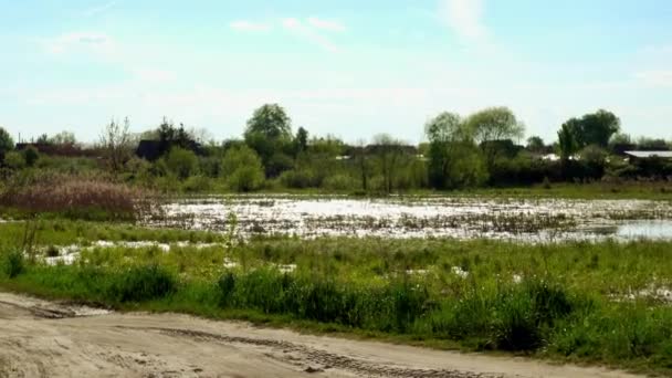 Petit tracteur brun conduit le long de la route dans la campagne . — Video