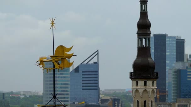 Goldene Wetterfahne auf dem Dach eines Hauses im Hintergrund in Tallinn, Estland. — Stockvideo