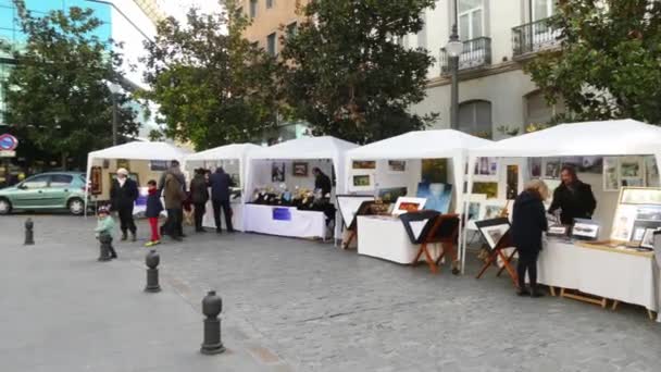 Granada, Spanien - januari 29 2017: Tält med bilder om monumentet föreställande Christopher Columbus och drottning Isabella själv. Columbus visar sin karta över resan. — Stockvideo