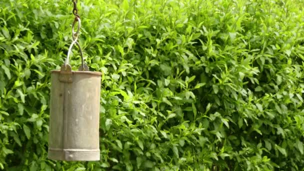 Metal bucket is swaying in wind near well like crane. — Stock Video