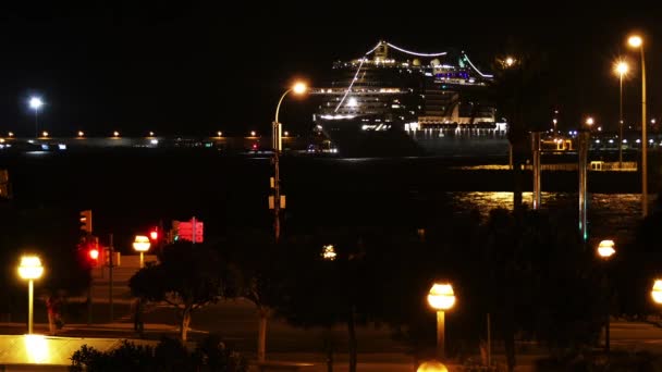 Timelapse: Groot passagiersschip naar Palma Mallorca's nachts. Balearen, Spanje. — Stockvideo