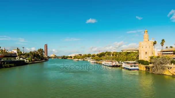 Torre del Oro (Złota Wieża) jest dodecagonal Strażnica wojskowa w Sewilla, Andaluzja, Hiszpania. Został wzniesiony przez Almohadów Kalifat w celu kontrolowania dostępu do Sewilli przez rzekę Gwadalkiwir. — Wideo stockowe