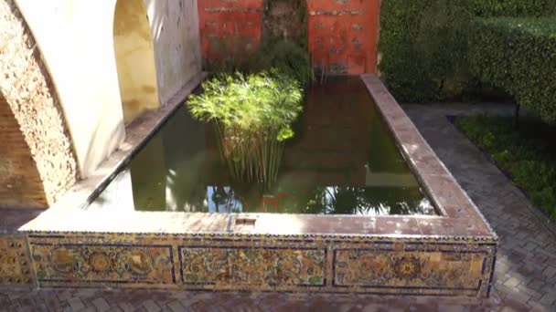 Jardines del Alcázar. Alcázar de Sevilla es un palacio real en Sevilla, Andalucía, España, originalmente desarrollado por reyes musulmanes moriscos. . — Vídeos de Stock